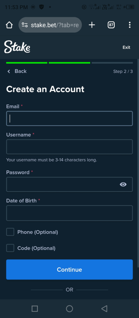 Register on stake website